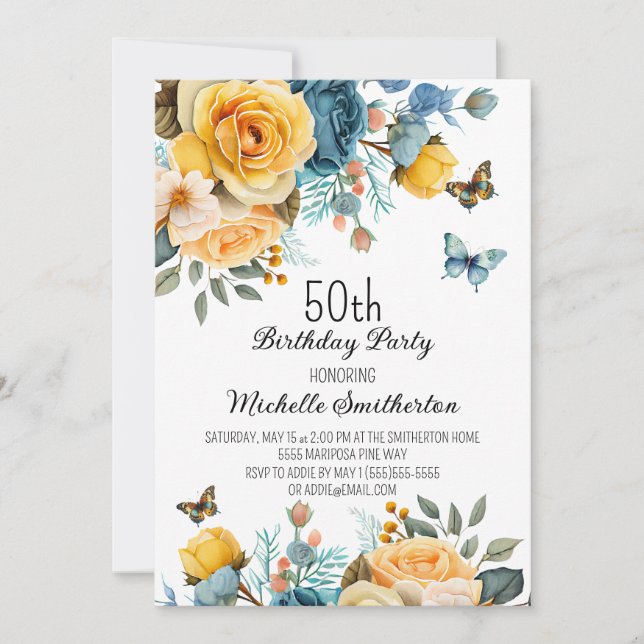 Yellow Dusty Blue Roses Butterflies 50th Birthday Invitation (Front)