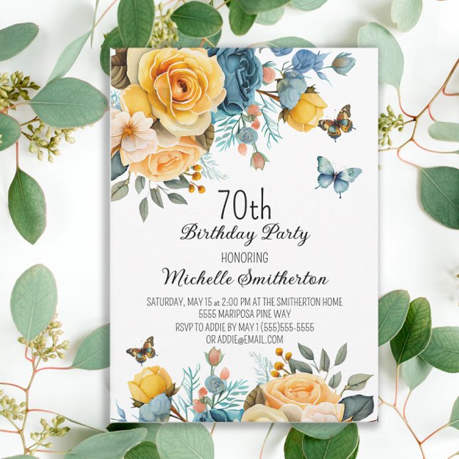 Yellow Dusty Blue Roses Butterflies 70th Birthday Invitation (Mustard yellow and dusty blue watercolor floral and butterflies women's 70th birthday party invite)