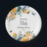Yellow Dusty Blue Roses Butterflies 70th Birthday Paper Plate<br><div class="desc">70th birthday party paper plates with beautiful yellow and dusty blue roses and cream-coloured floral and butterflies. These plates can be customised for anyone of any age. Contact me for assistance with your customisations or to request additional matching or coordinating Zazzle products for your celebration.</div>