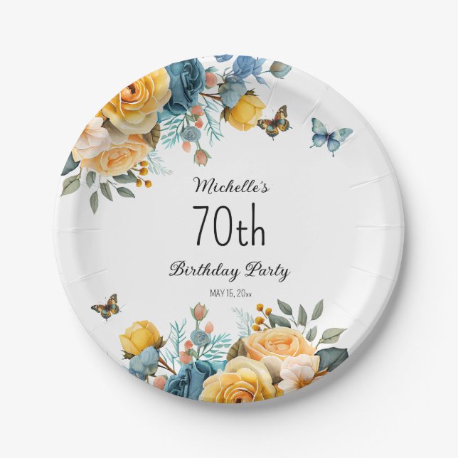 Yellow Dusty Blue Roses Butterflies 70th Birthday Paper Plate (Front)