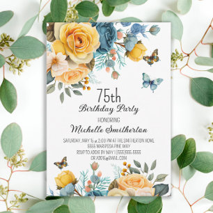 Yellow Dusty Blue Roses Butterflies 75th Birthday Invitation