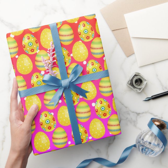 Yellow Easter Eggs On Rainbow Polka Dots Wrapping Paper (Gifting)