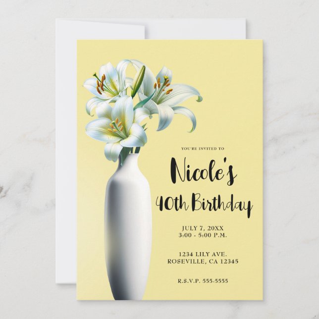 Yellow Easter Lilies Vase Floral Birthday Party Invitation (Front)