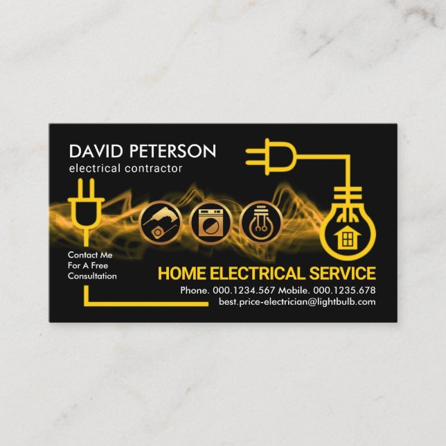 Yellow Electric Circuit Lightning Electrician Business Card (Front)