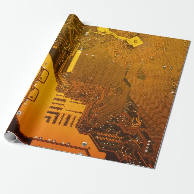 yellow electronic circuit board computer chip moth wrapping paper (Unrolled)