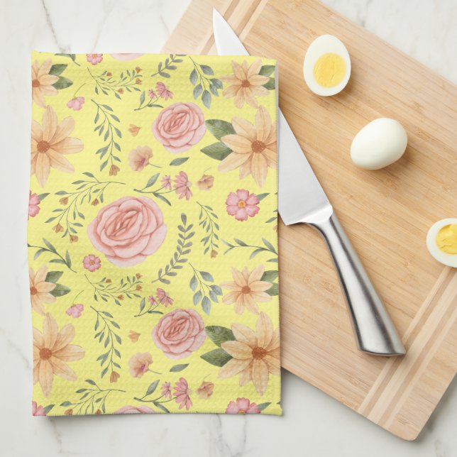 Yellow Elegant Vintage Wildflower Pattern  Tea Towel (Quarter Fold)