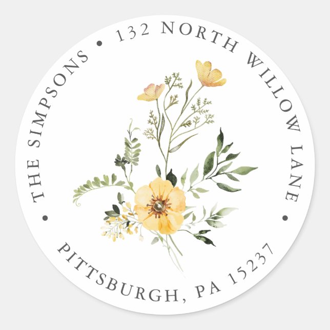 Yellow Elegant Wildflower Greenery Return Address Classic Round Sticker (Front)