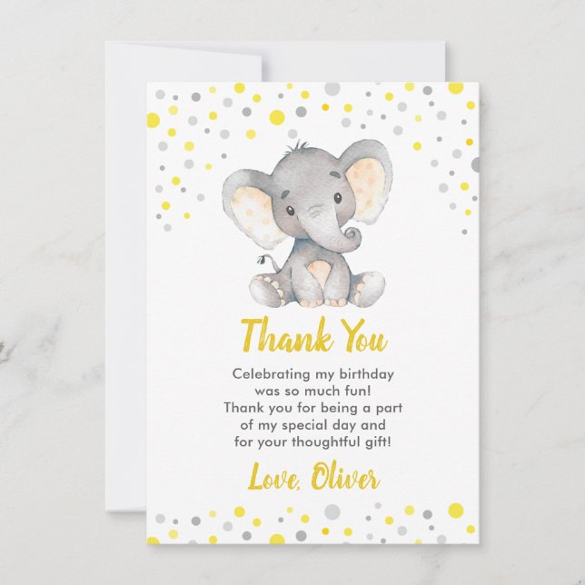 Yellow Elephant 1st Birthday Party Little Peanut Thank You Card (Front)