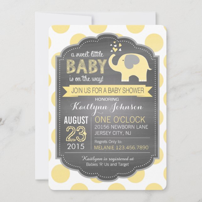 Yellow Elephant and Dots Baby Shower Invitation (Front)