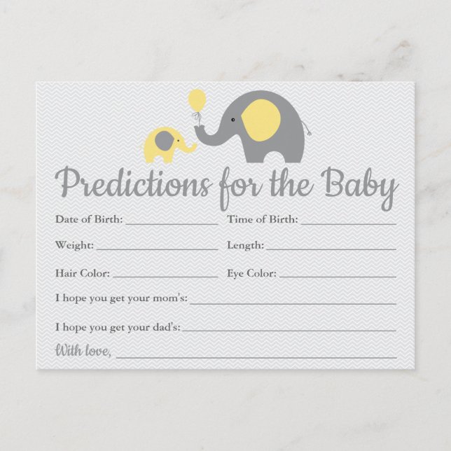 Yellow Elephant Baby Predictions Cards Baby Shower (Front)