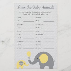 Yellow Elephant Baby Shower Baby Animal Name Game Flyer