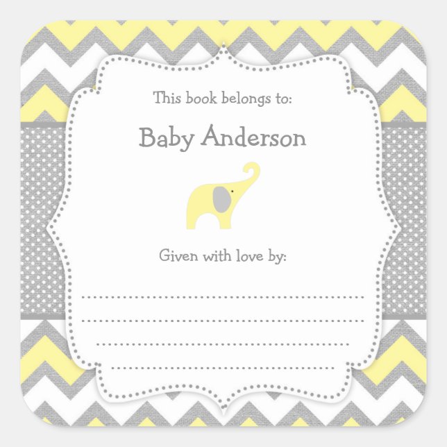 Yellow Elephant Baby Shower bookplate book sticker (Front)