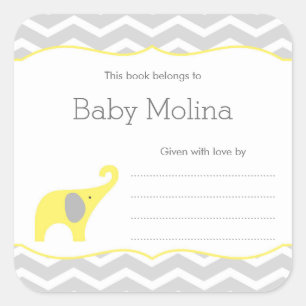 Yellow Elephant Baby Shower Bookplate, neutral Square Sticker