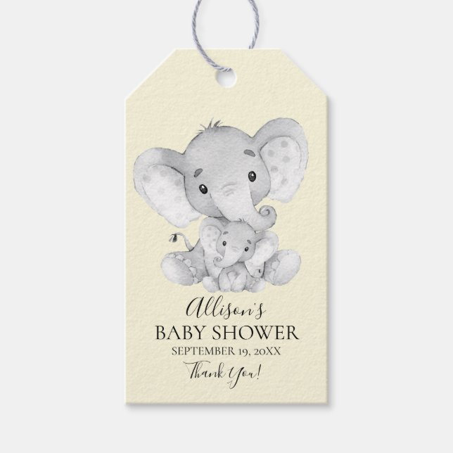 Yellow Elephant Baby Shower Favour Gift Tag (Front)