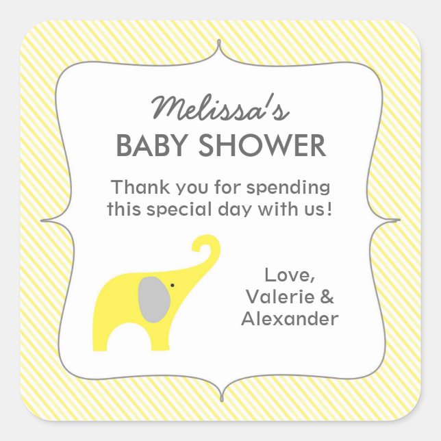 Yellow elephant baby shower favour thank you square sticker (Front)