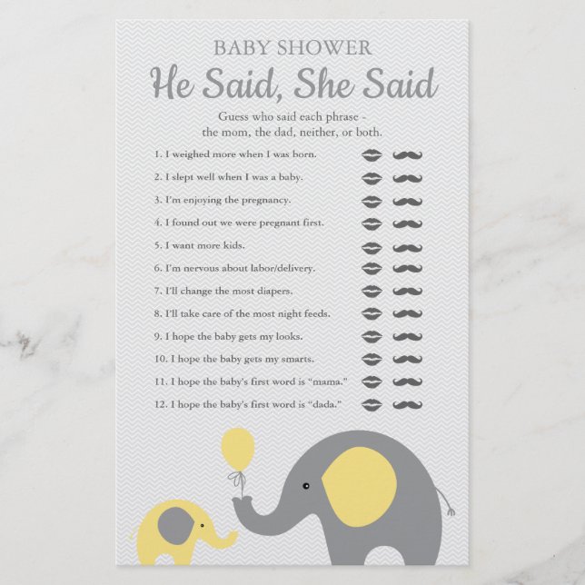 Yellow Elephant Baby Shower He Said She Said Game Flyer (Front)