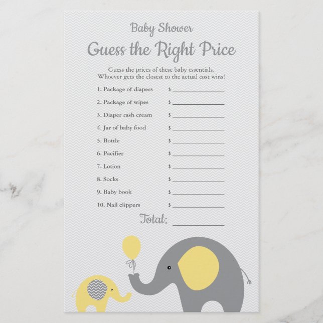 Yellow Elephant Baby Shower Price is Right Game Flyer (Front)
