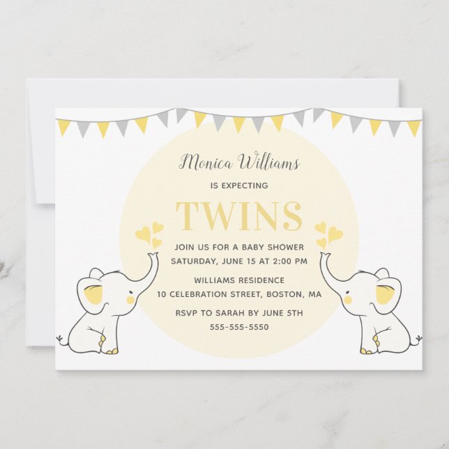 Yellow Elephant Baby Shower | Twins Baby Shower Invitation (Front)