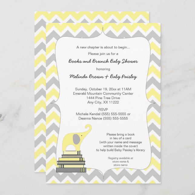 Yellow Elephant Book Baby Shower, books and brunch Invitation (Front/Back)
