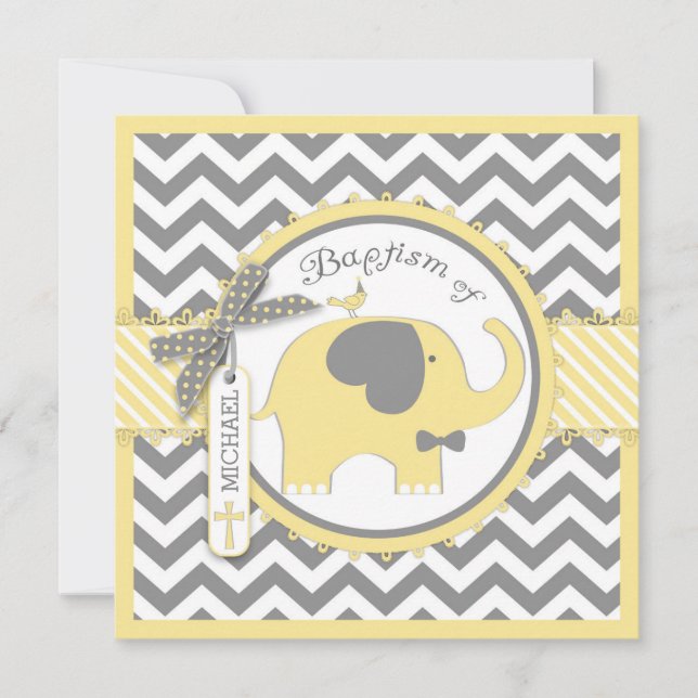 Yellow Elephant Bow Tie Chevron Print Baptism Invitation (Front)