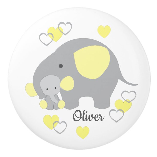 Yellow Elephant Boy Baby Nursery Hearts Dresser Ceramic Knob (Front)