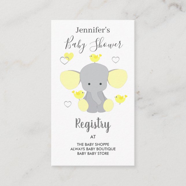 Yellow Elephant Boy Girl Baby Shower Registry Enclosure Card (Front)
