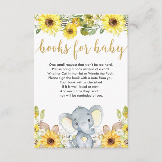 Yellow elephant gender neutral books for baby enclosure card (Front)