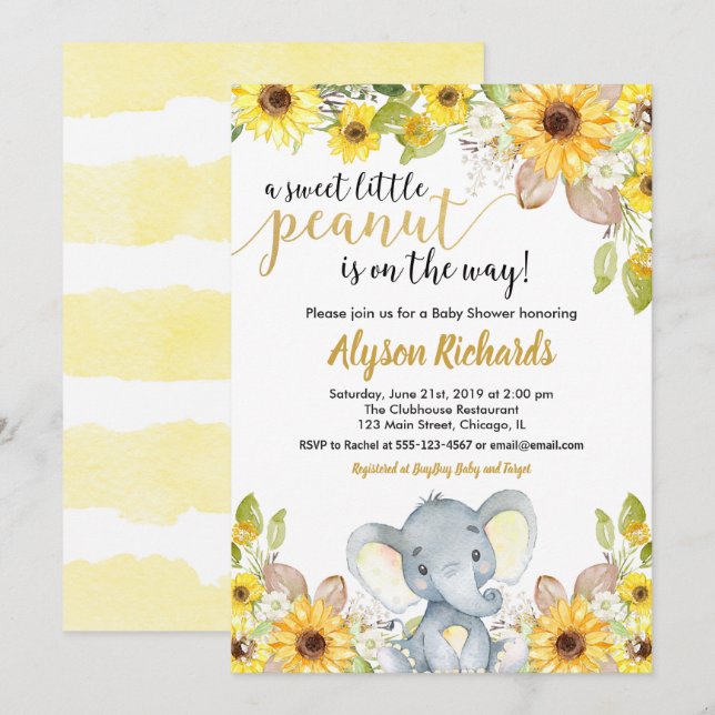 Yellow elephant gender neutral floral baby shower invitation (Front/Back)