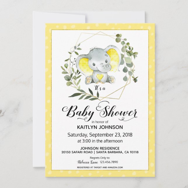 Yellow Elephant Modern Baby Shower Invitation (Front)