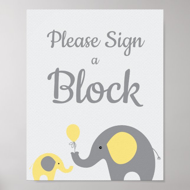 Yellow Elephant Please Sign Block Sign Baby Shower (Front)