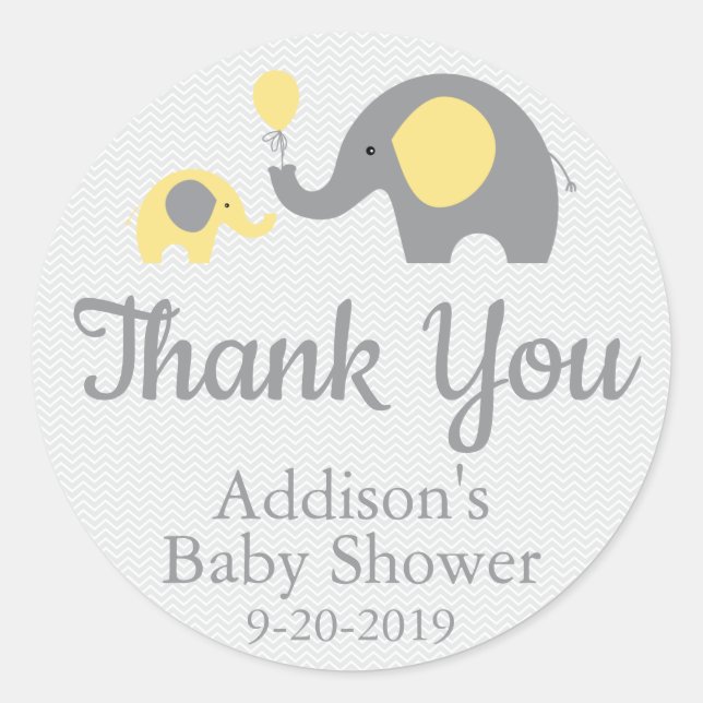 Yellow Elephant Themed Baby Shower Stickers Circle (Front)