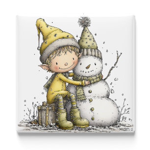Yellow Elf Snowman Christmas Magnet