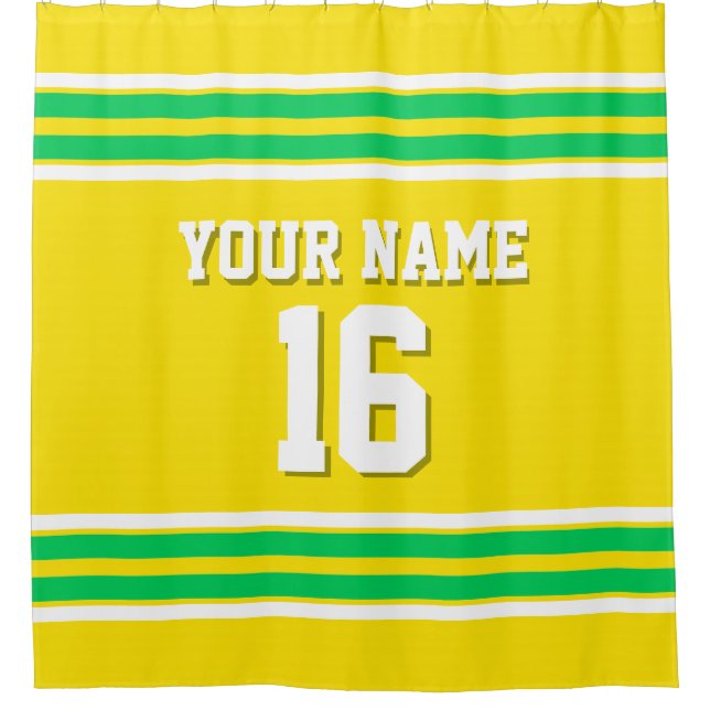 Yellow Emerald Green White Stripes Sports Jersey Shower Curtain (Front)
