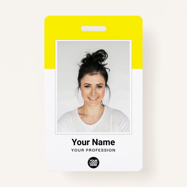Yellow Employee huge Photo Qr Bar Code Logo Name ID Badge (Front)