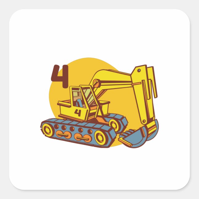 Yellow Excavator - 4th Bithday Gift Square Sticker (Front)