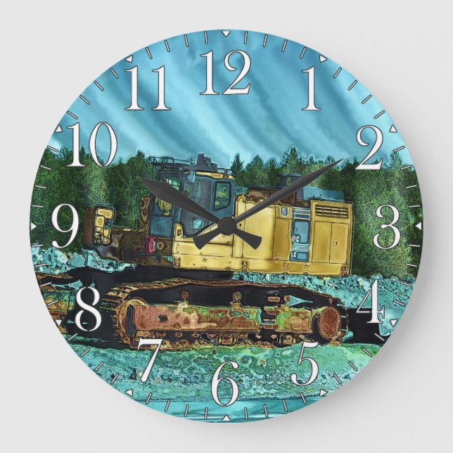 Yellow Excavator Earth-Mover Art Gift Large Clock (Front)