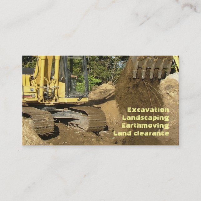Yellow excavator emptying bucket business card (Front)