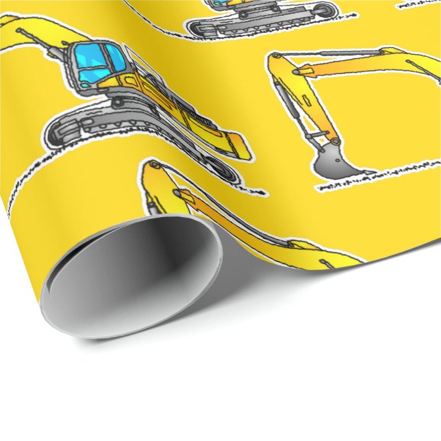 Yellow Excavator Gift Wrap, Building Construction Wrapping Paper (Roll Corner)