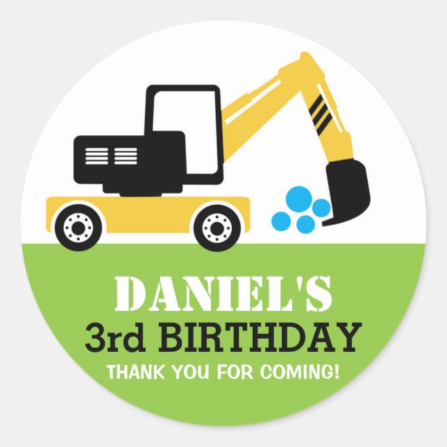 Yellow Excavator Kids Birthday Party Sticker (Front)