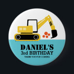 Yellow Excavator Kids Construction Party Button<br><div class="desc">Cute and colourful cartoon excavator button for kids birthday party favour. If your children love to play with big construction vehicles,  than this is a perfect addition to their special birthday party. You can customise the wording to fit any events with kids theme.</div>
