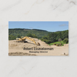 Yellow excavator on a building site business card