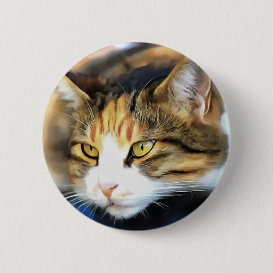 Yellow Eyed Calico Cat Realistic Pet Portrait 6 Cm Round Badge