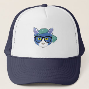 YELLOW-EYED CAT IN BLACK GLASSES AND GREEN CAP