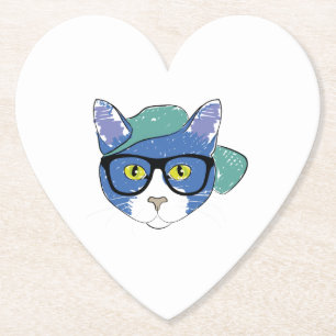 YELLOW-EYED CAT IN BLACK GLASSES AND GREEN CAP PAPER COASTER