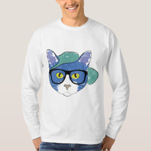 YELLOW-EYED CAT IN BLACK GLASSES AND GREEN CAP T-Shirt