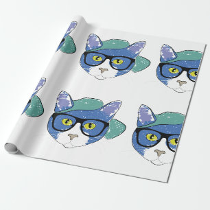 YELLOW-EYED CAT IN BLACK GLASSES AND GREEN CAP WRAPPING PAPER