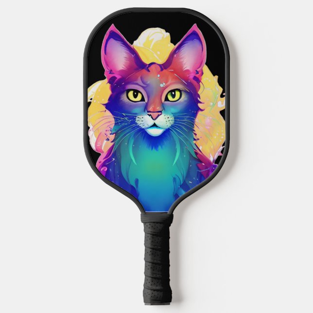 Yellow Eyed Colourful Cat Pickleball Paddle (Front)