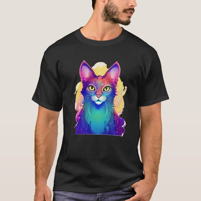 Yellow Eyed Colourful Cat T-Shirt (Front)