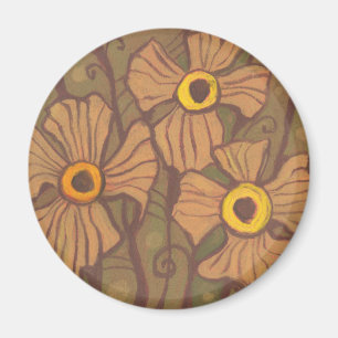 Yellow-eyed flowers, floral art,olive green brown magnet