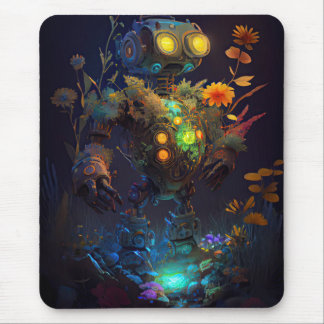 Yellow Eyes Tropical Flowers Robot Mouse Mat